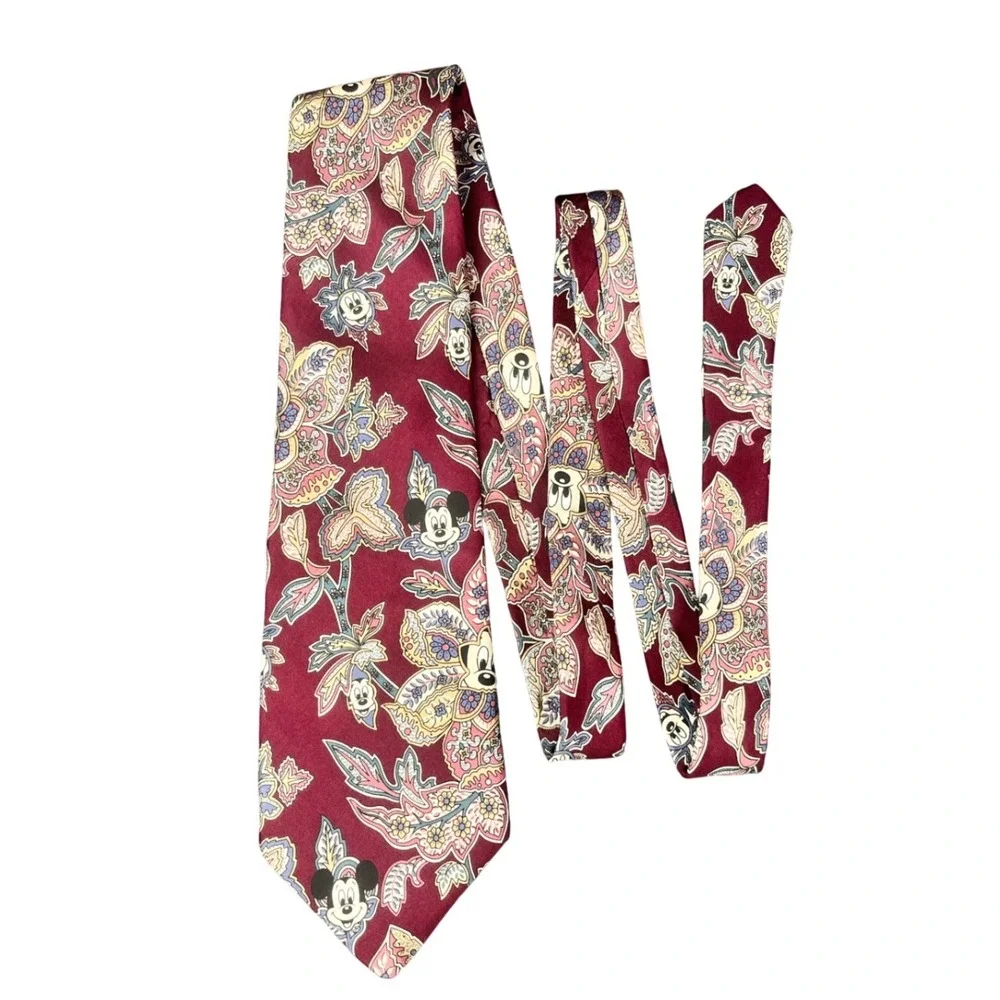 Disney Mickey Mouse Mens Silk Tie Burgundy Paisley Floral Made in USA